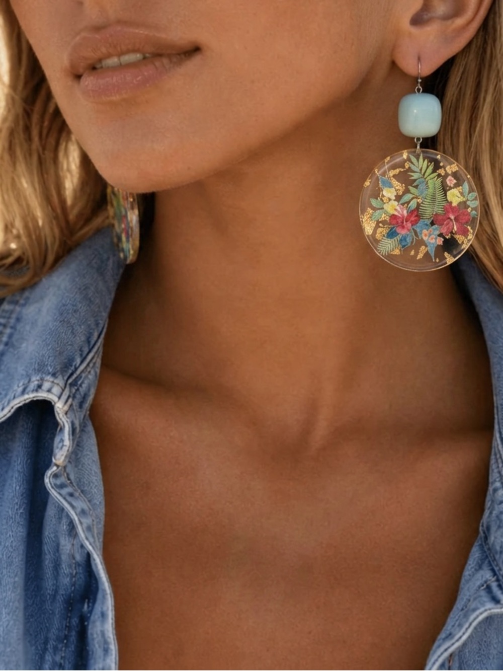 Floral Resin Drop Earrings with Light Blue Bead